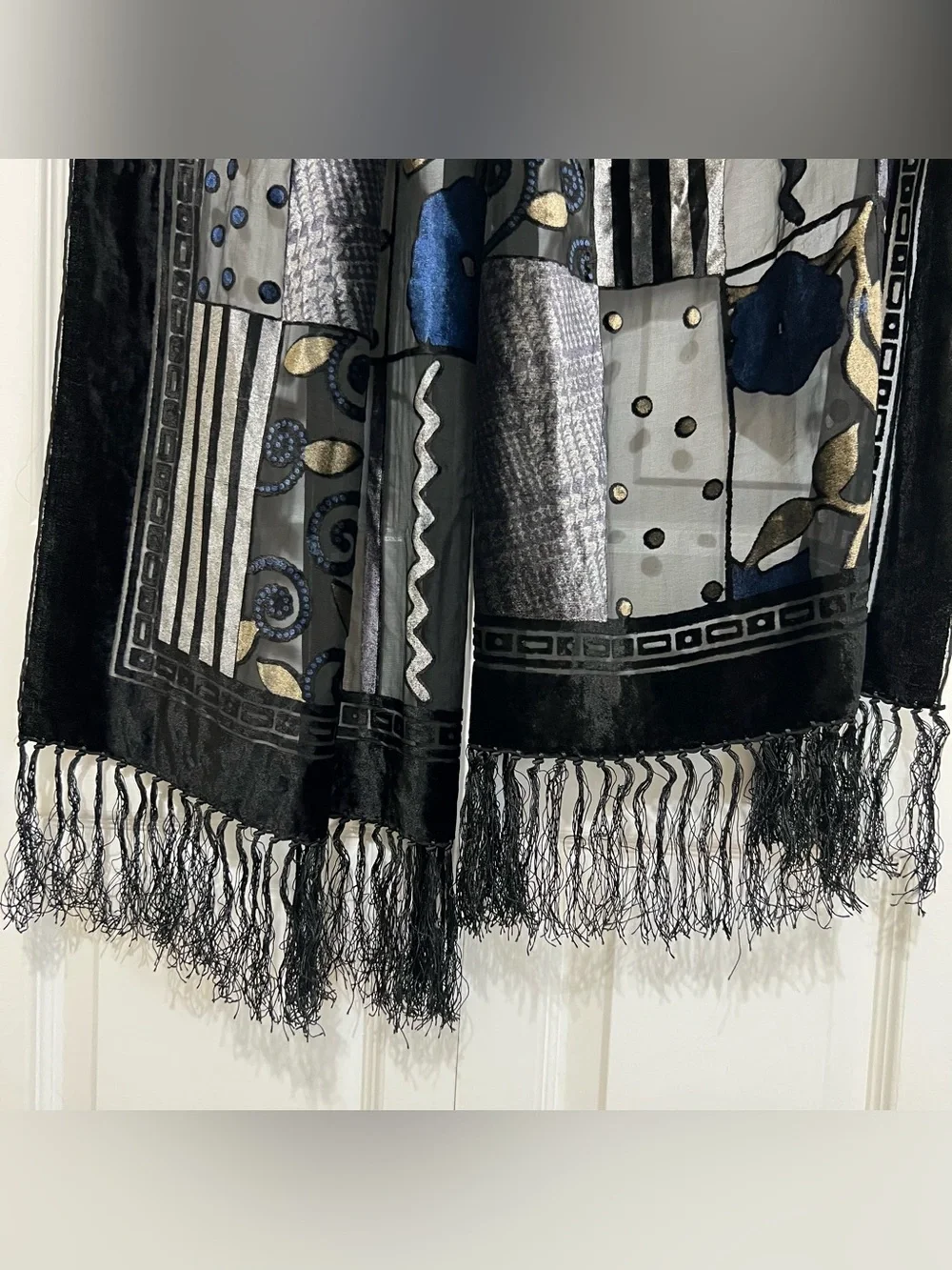Silk/Rayon Black Burnout Velvet Patterned Fringe Detail Long Scarf Shawl